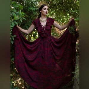3x LFEN Mythical Goddess Burgundy Maxi Dress with Ruffles Oxblood Gorgon print
